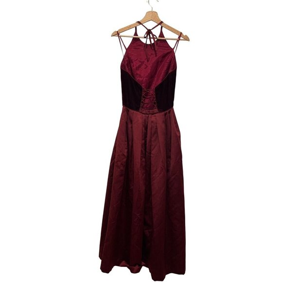 Vintage A.J. Bari Burgundy Halter Velvet Satin Back Lace-Up maxi Dress Women's S - Picture 2 of 8